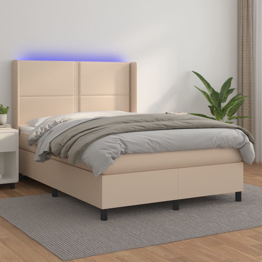 vidaXL Cama box spring c/colchão/LED 140x200cm couro artif. cappuccino