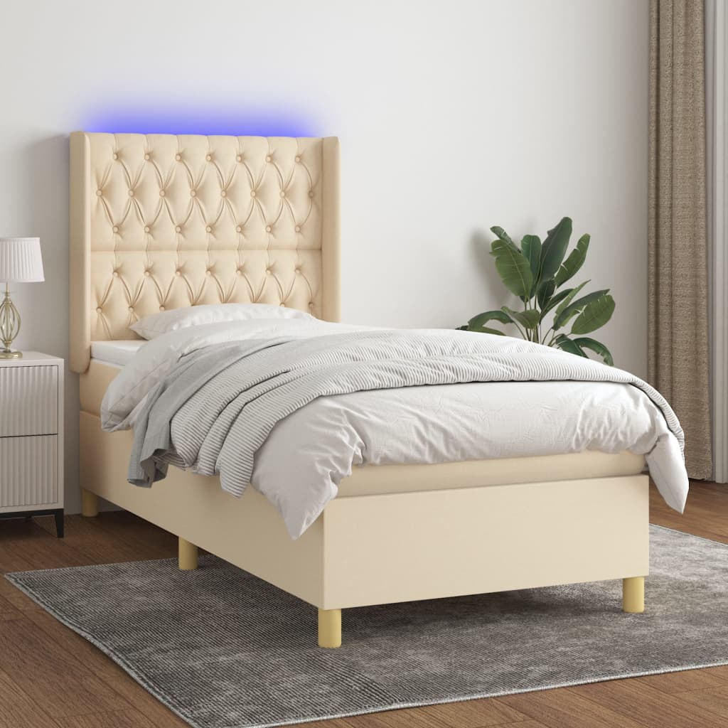 vidaXL Cama box spring c/ colchão e LED 80x200 cm tecido cor creme