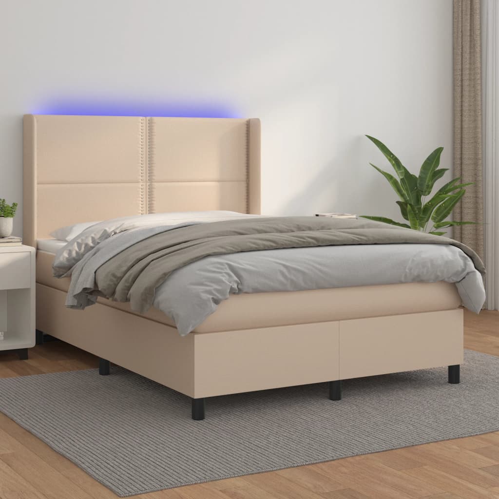 vidaXL Cama box spring c/colchão/LED 140x190cm couro artif. cappuccino