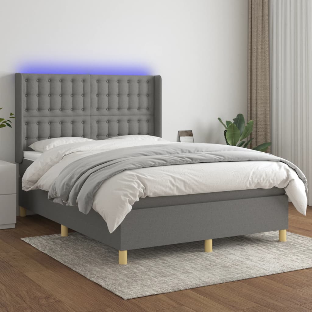 vidaXL Cama box spring c/ colchão e LED 140x190 cm tecido cinza-escuro