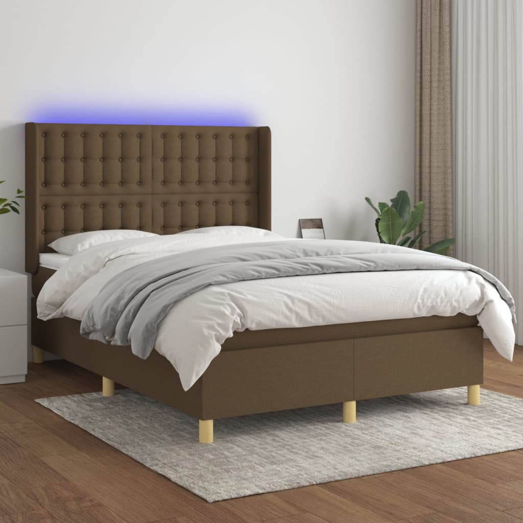 vidaXL Cama box spring c/ colchão/LED 140x200cm tecido castanho-escuro