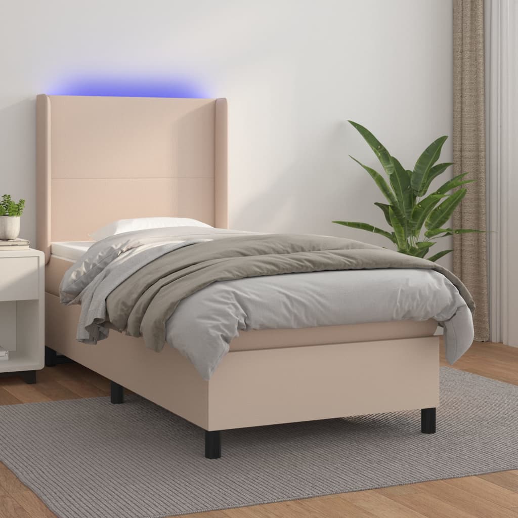 vidaXL Cama box spring c/ colchão/LED 90x190cm couro artif. cappuccino