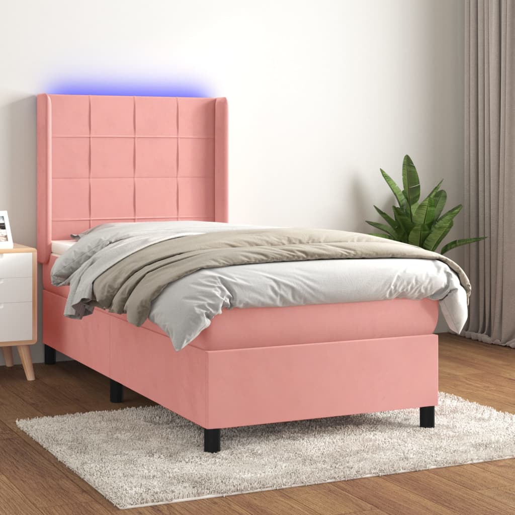 vidaXL Cama box spring c/ colchão/LED 100x200 cm veludo rosa