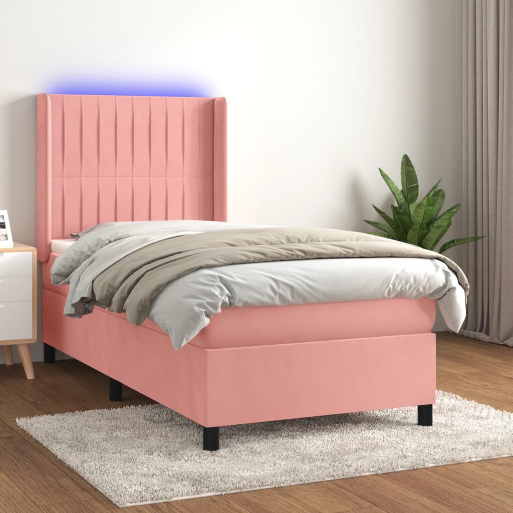 vidaXL Cama box spring c/ colchão/LED 80x200 cm veludo rosa