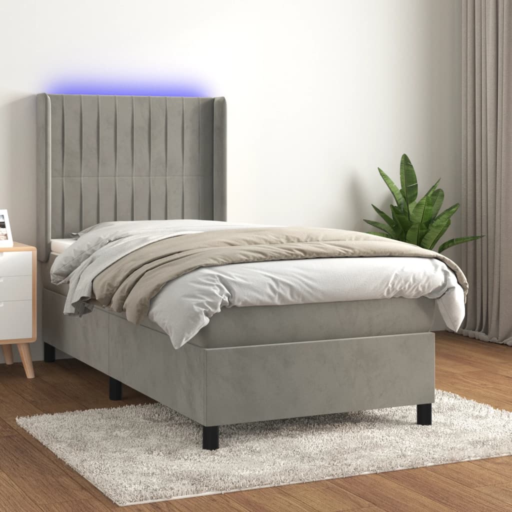 vidaXL Cama box spring c/ colchão/LED 80x200 cm veludo cinzento-claro