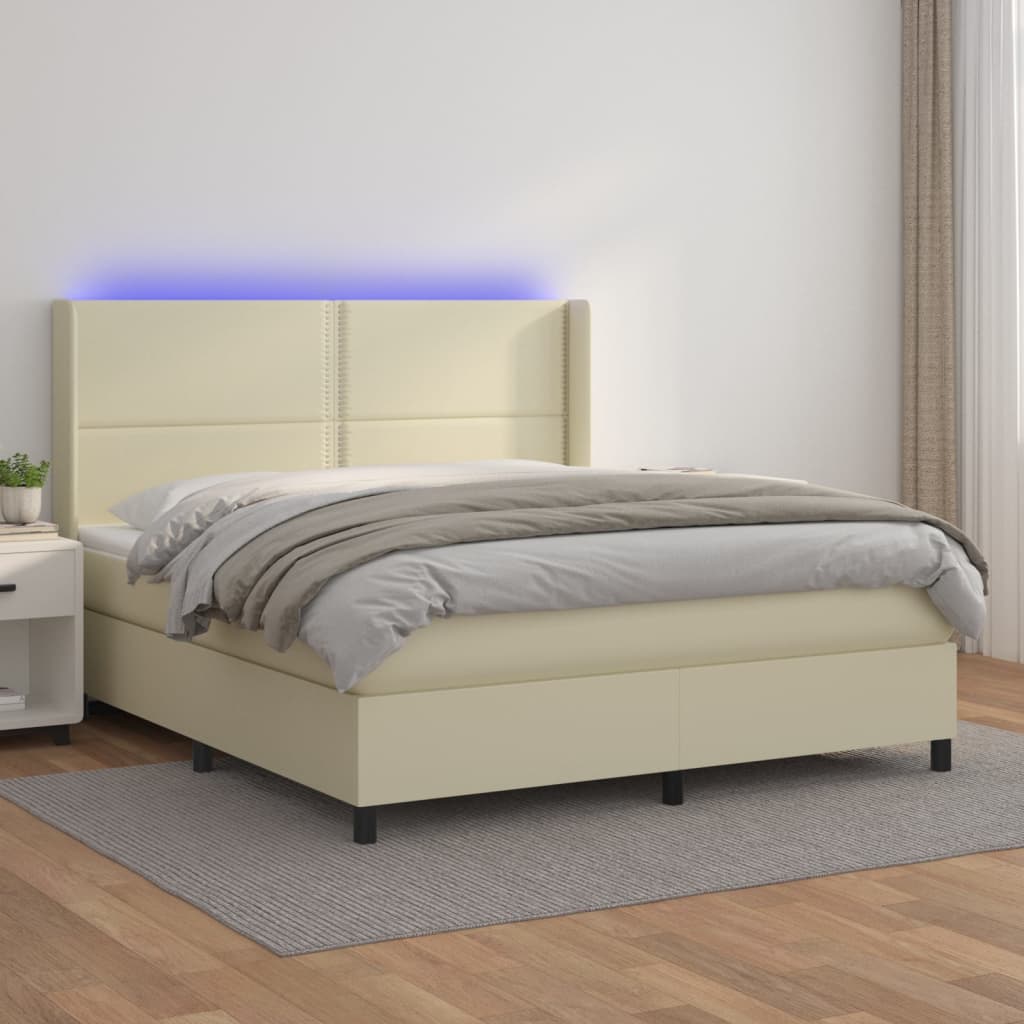 vidaXL Cama box spring c/ colchão/LED 180x200cm couro artificial creme