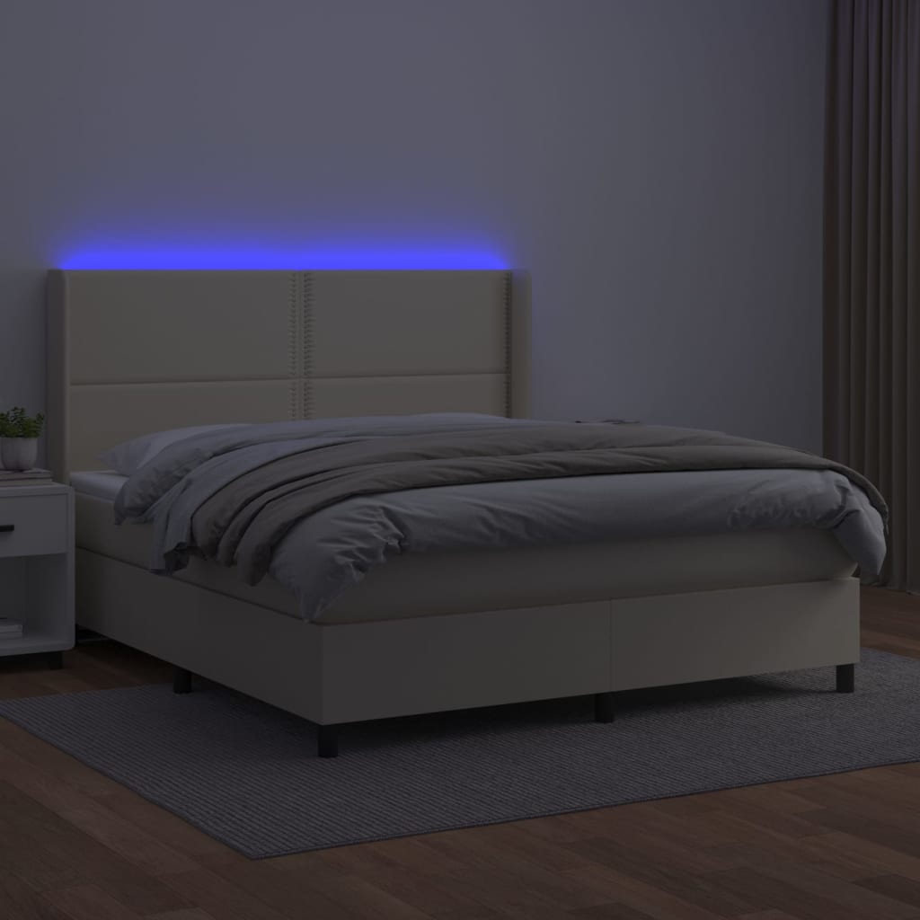 vidaXL Cama box spring c/ colchão/LED 180x200cm couro artificial creme