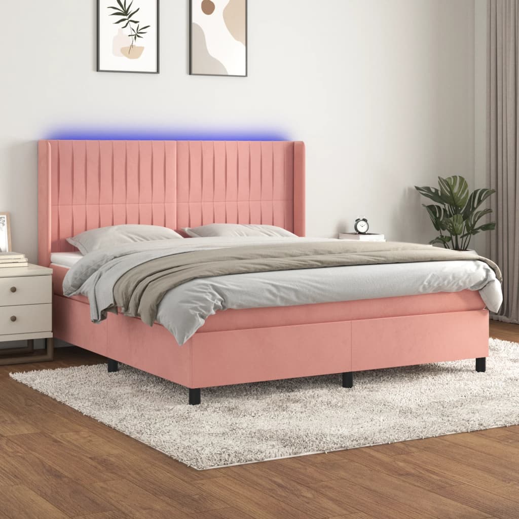 vidaXL Cama box spring c/ colchão/LED 160x200 cm veludo rosa