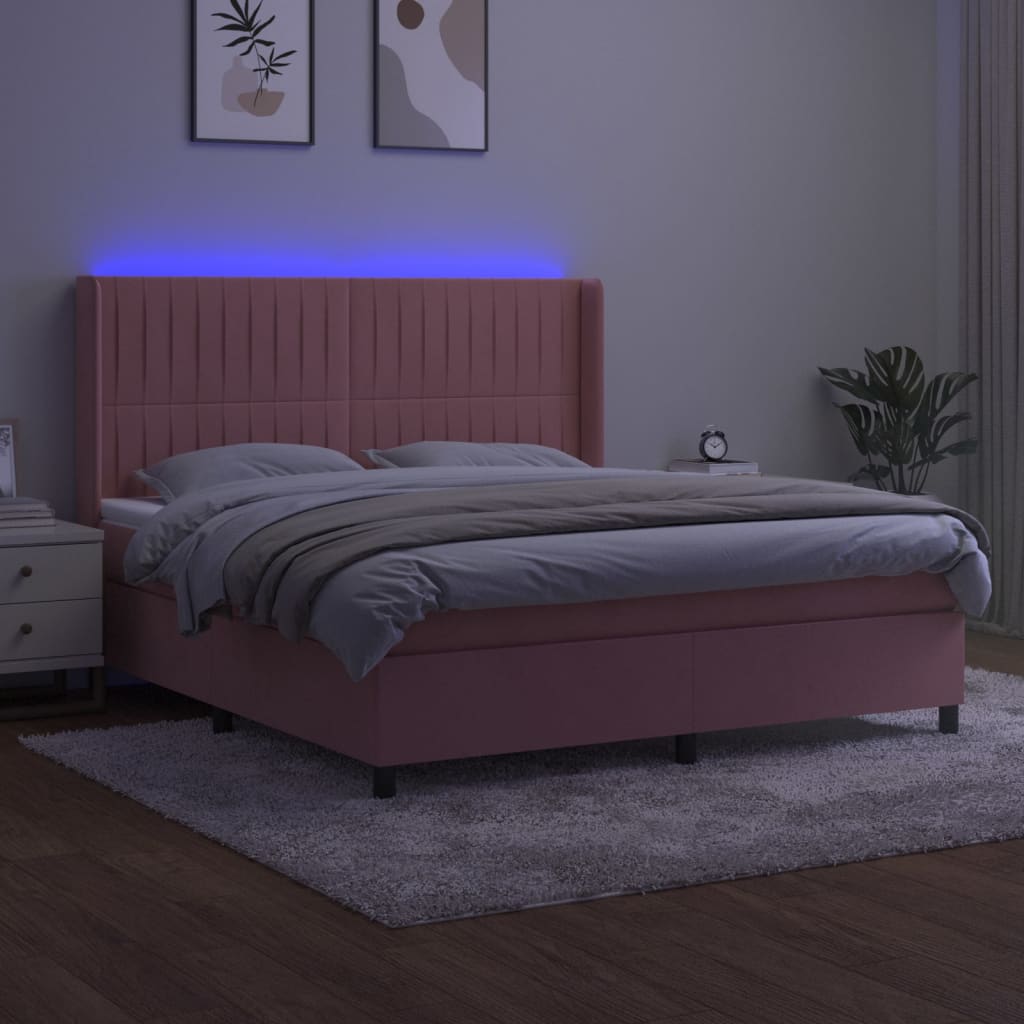 vidaXL Cama box spring c/ colchão/LED 160x200 cm veludo rosa