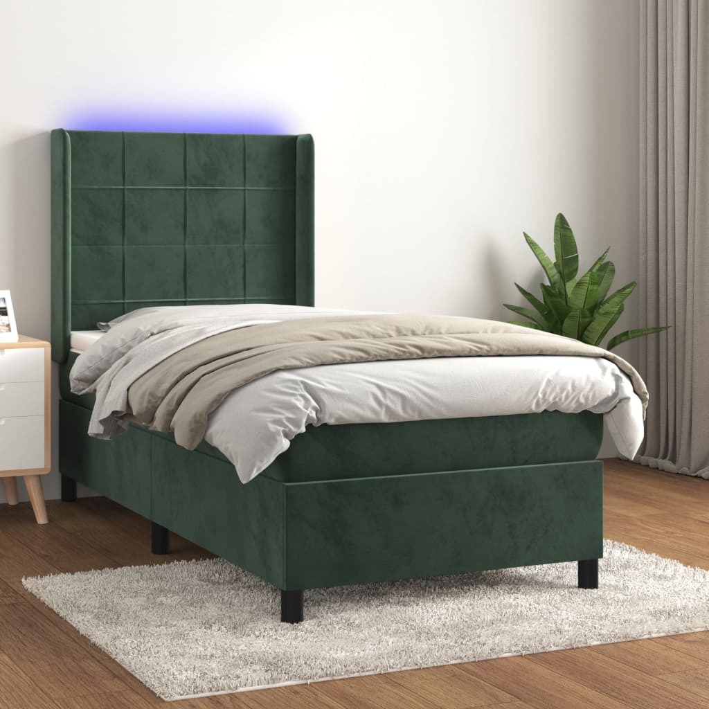 vidaXL Cama box spring c/ colchão/LED 100x200 cm veludo verde-escuro