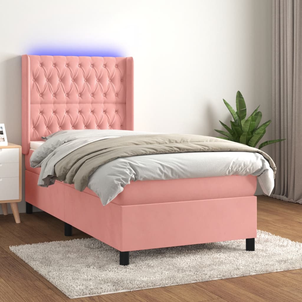 vidaXL Cama box spring c/ colchão/LED 90x200 cm veludo rosa