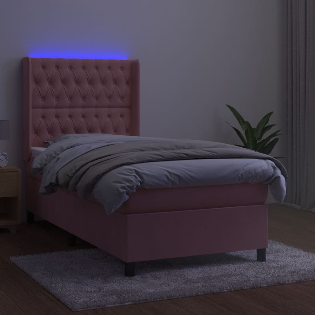 vidaXL Cama box spring c/ colchão/LED 90x200 cm veludo rosa