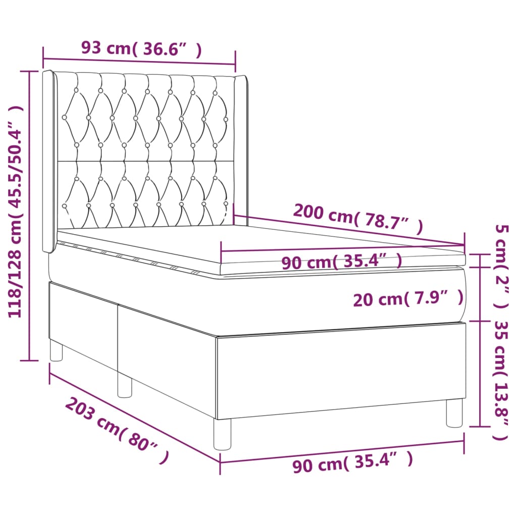 vidaXL Cama box spring c/ colchão/LED 90x200 cm veludo rosa