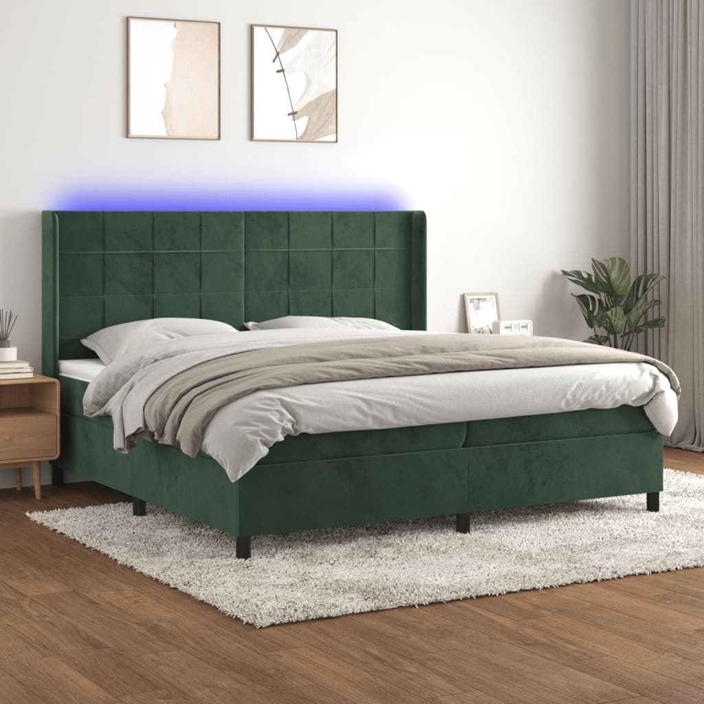 vidaXL Cama box spring c/ colchão/LED 200x200 cm veludo verde-escuro