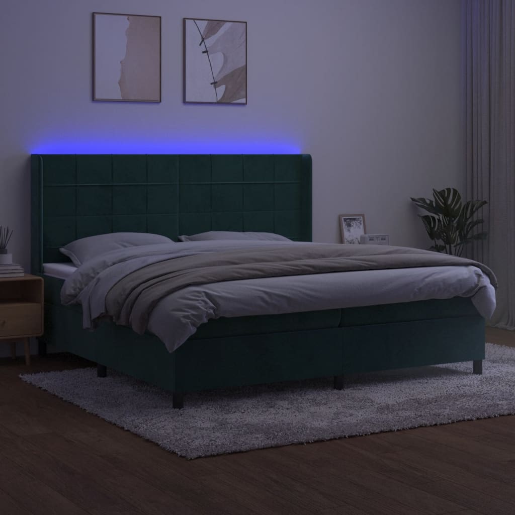 vidaXL Cama box spring c/ colchão/LED 200x200 cm veludo verde-escuro