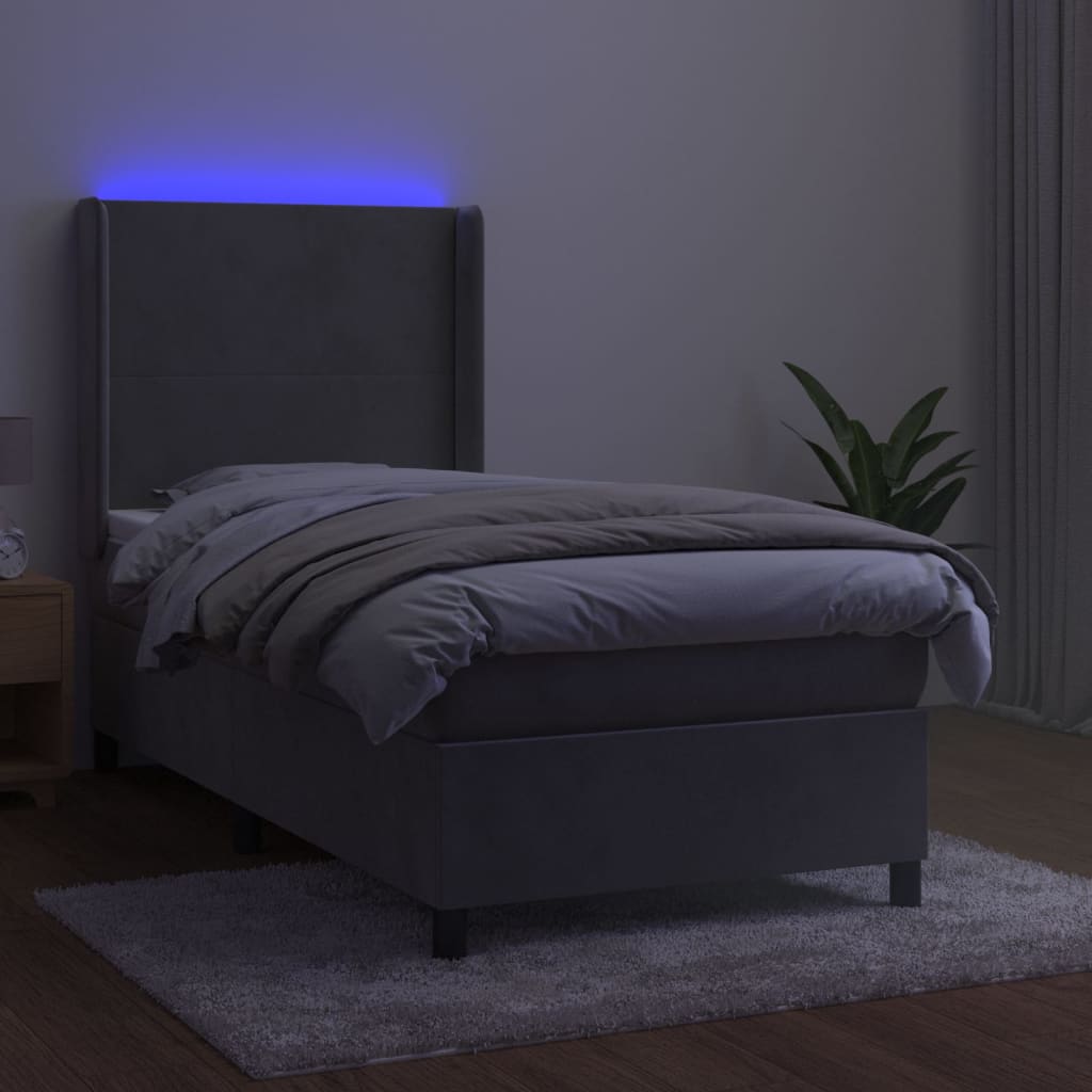 vidaXL Cama box spring c/ colchão/LED 90x190 cm veludo cinzento-claro