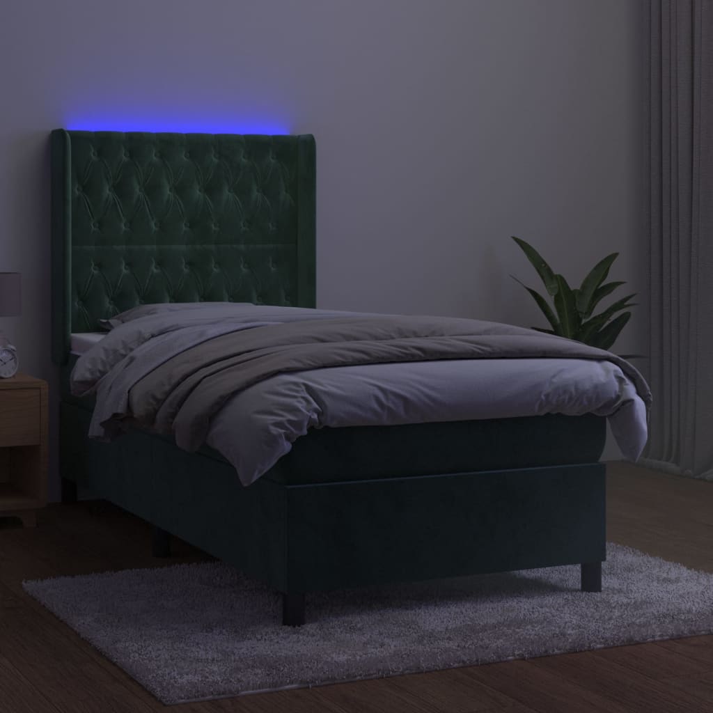 vidaXL Cama box spring c/ colchão/LED 90x190 cm veludo verde-escuro