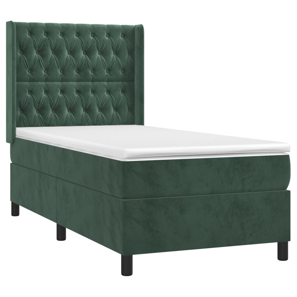 vidaXL Cama box spring c/ colchão/LED 90x190 cm veludo verde-escuro