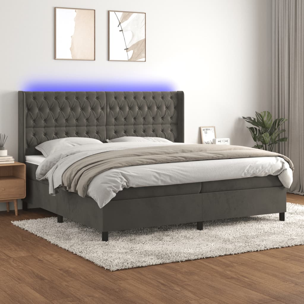 vidaXL Cama box spring c/ colchão/LED 200x200cm veludo cinzento-escuro