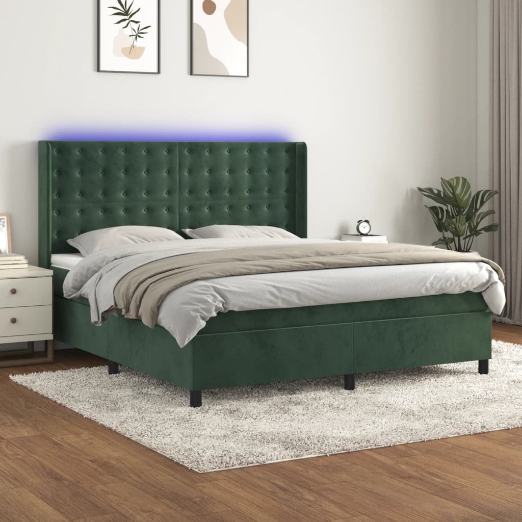 vidaXL Cama box spring c/ colchão/LED 180x200 cm veludo verde-escuro