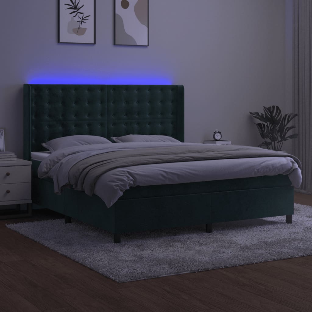 vidaXL Cama box spring c/ colchão/LED 180x200 cm veludo verde-escuro