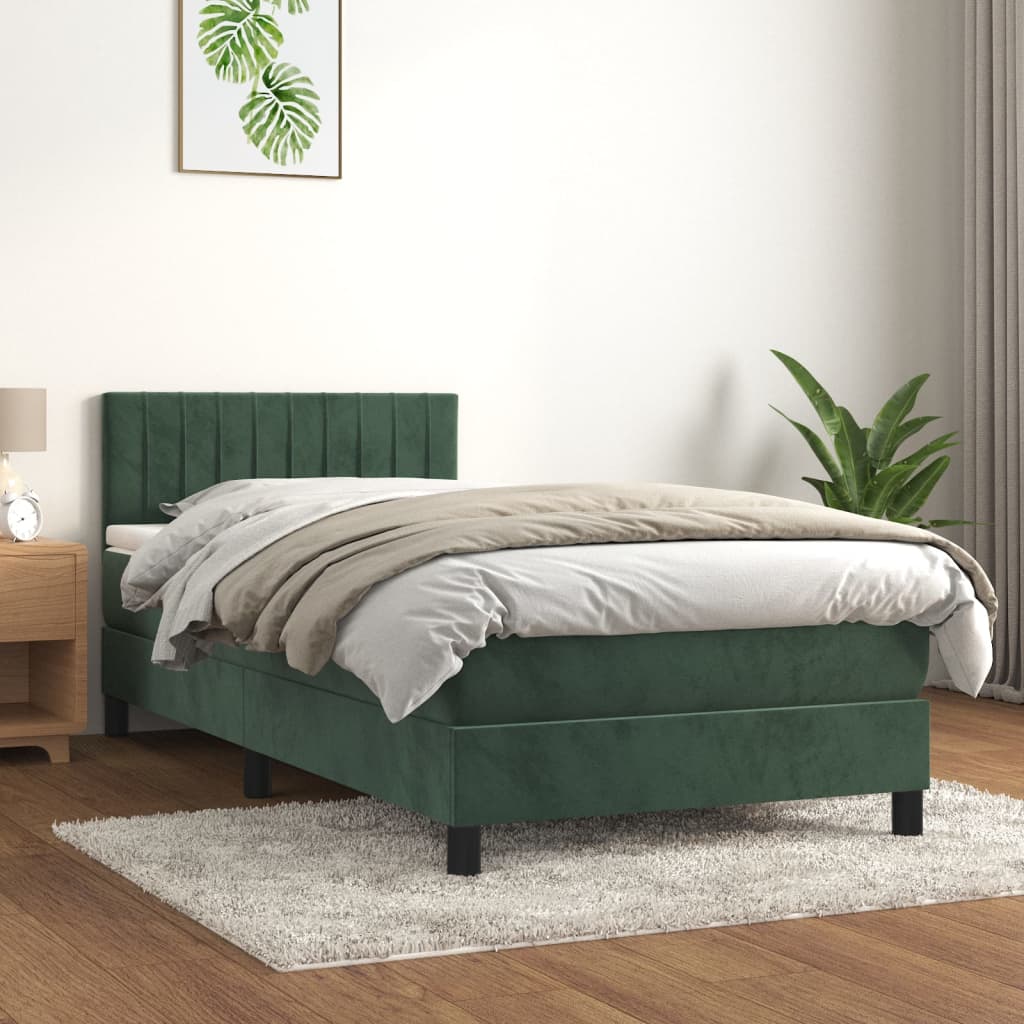 vidaXL Cama com molas/colchão 90x200 cm veludo verde-escuro