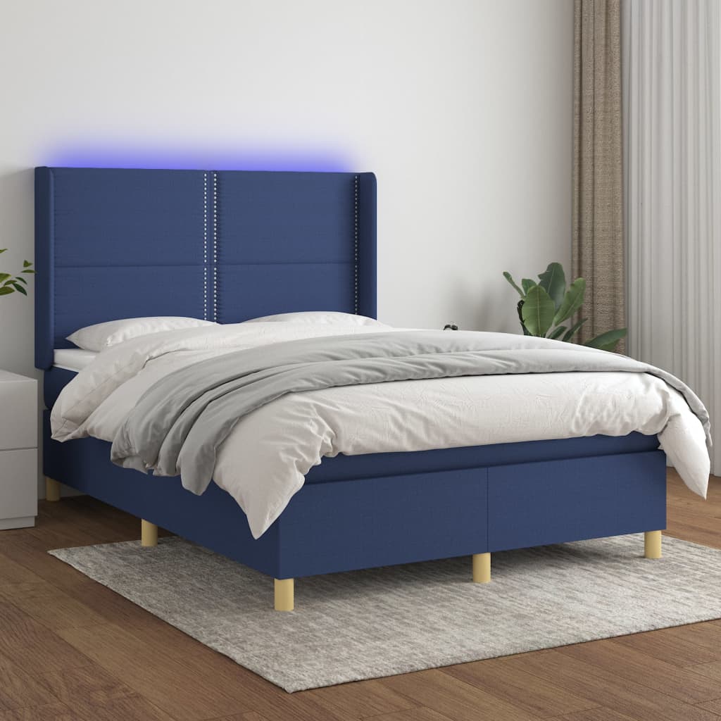 vidaXL Cama box spring c/ colchão e LED 140x190 cm tecido azul