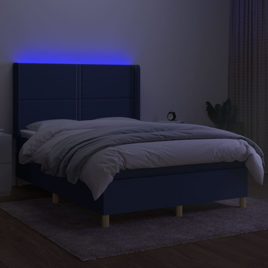 vidaXL Cama box spring c/ colchão e LED 140x190 cm tecido azul