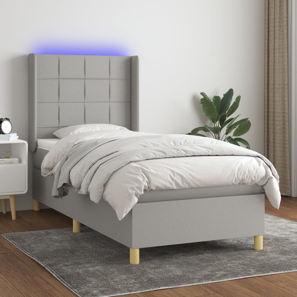 vidaXL Cama box spring c/ colchão e LED 90x200 cm tecido cinza-claro