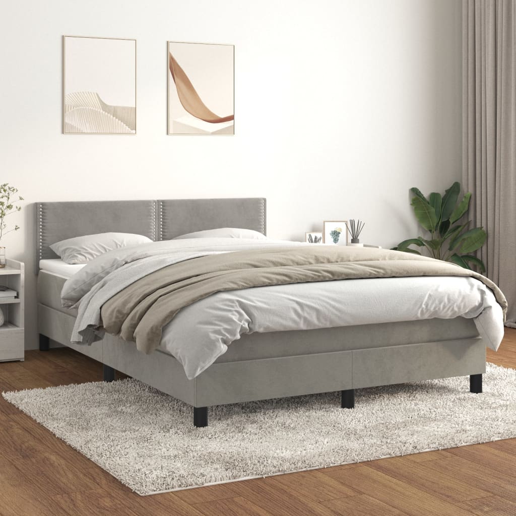 vidaXL Cama com molas/colchão 140x200 cm veludo cinzento-claro