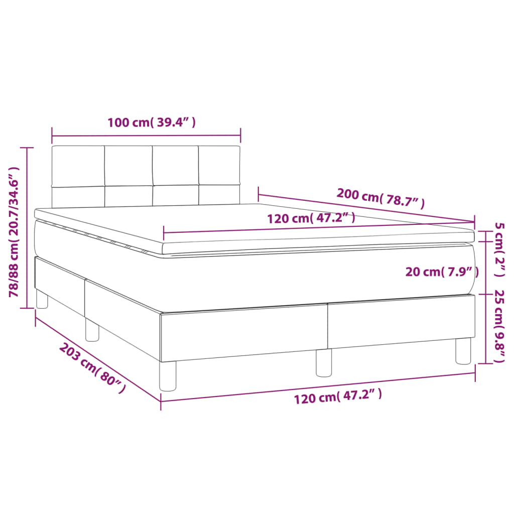 vidaXL Cama boxspring c/ colchão 120x200 cm veludo cinzento-claro