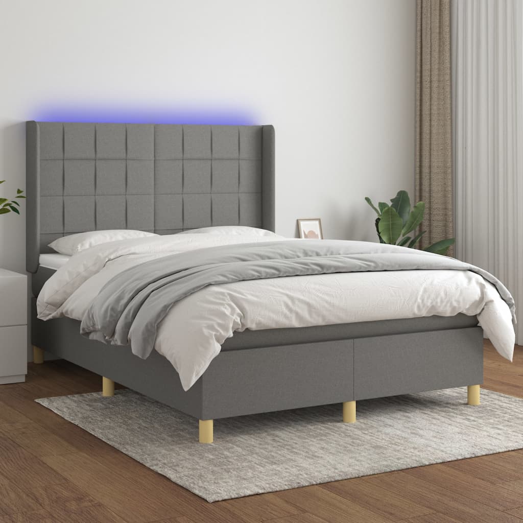 vidaXL Cama box spring c/ colchão e LED 140x190 cm tecido cinza-escuro