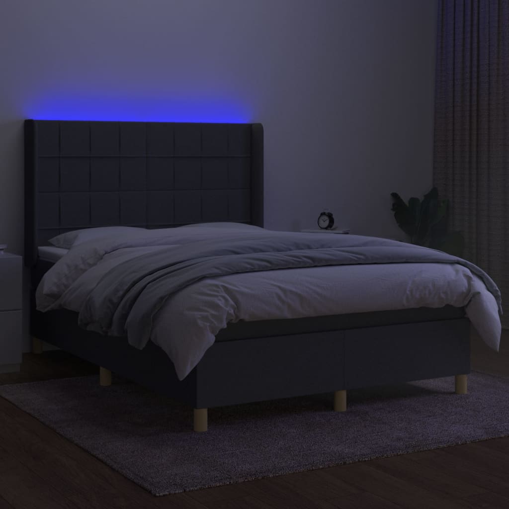 vidaXL Cama box spring c/ colchão e LED 140x190 cm tecido cinza-escuro