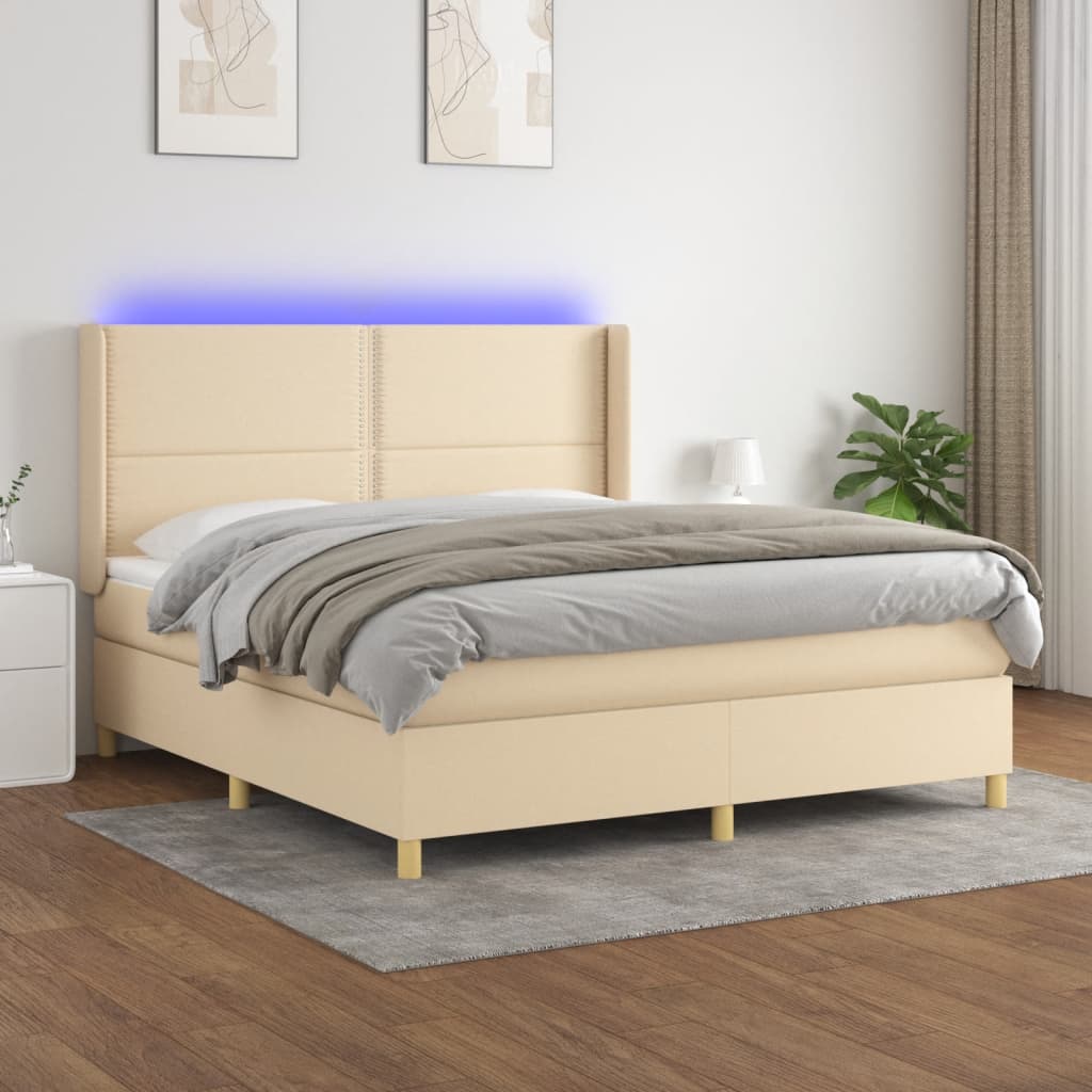 vidaXL Cama box spring c/ colchão e LED 180x200 cm tecido cor creme