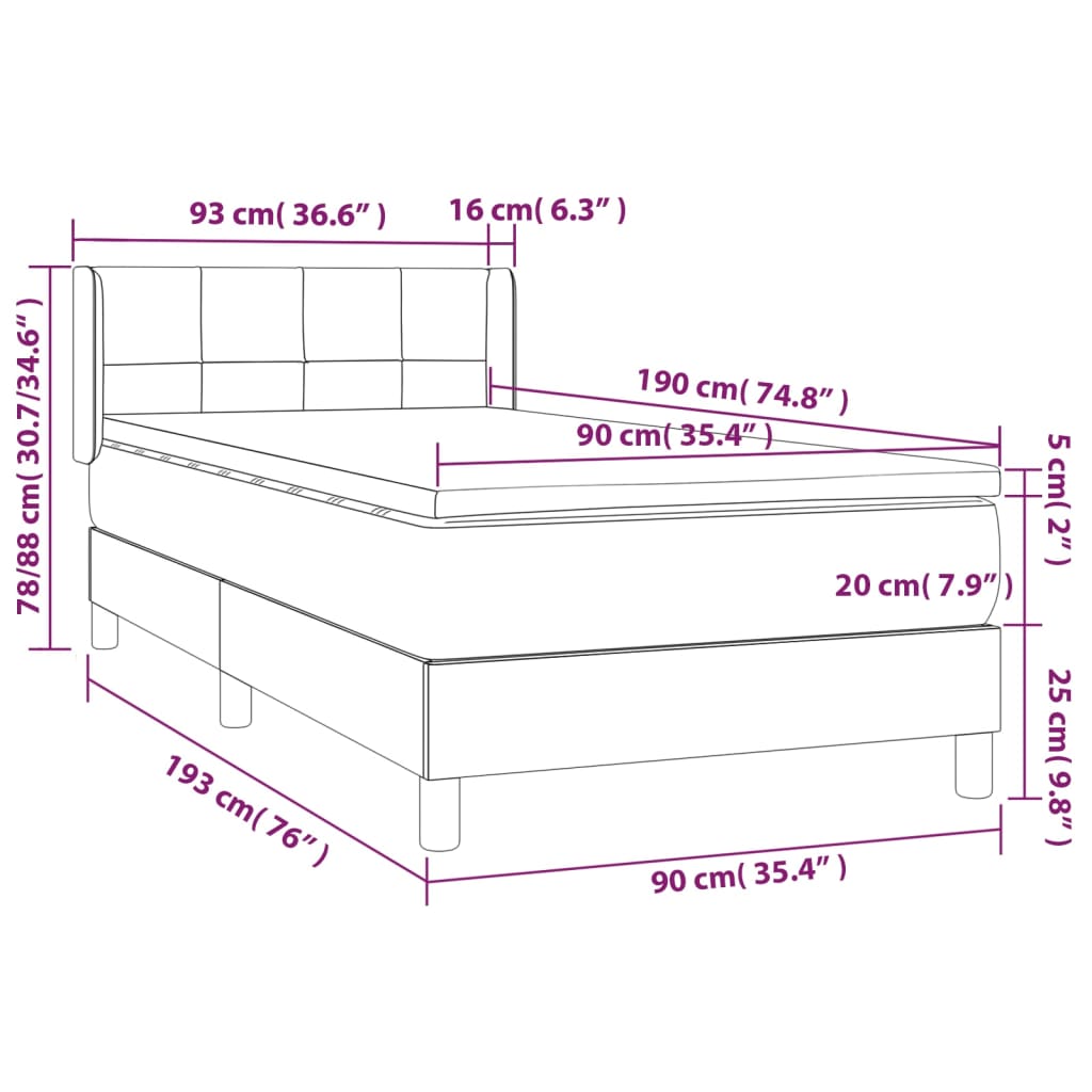 vidaXL Cama com molas/colchão 90x190 cm tecido cinza-escuro