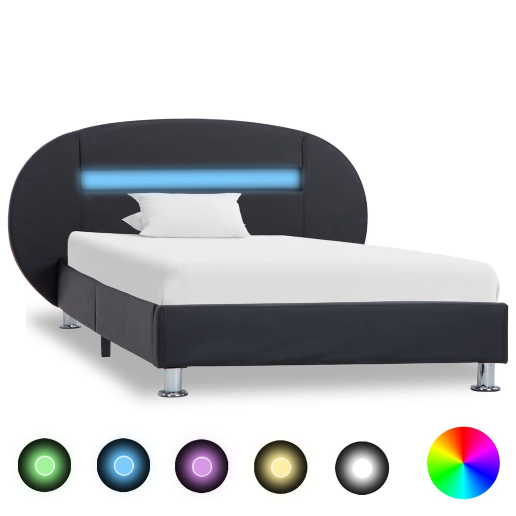 vidaXL Estrutura de cama c/ LEDs 90x200 cm couro artificial preto