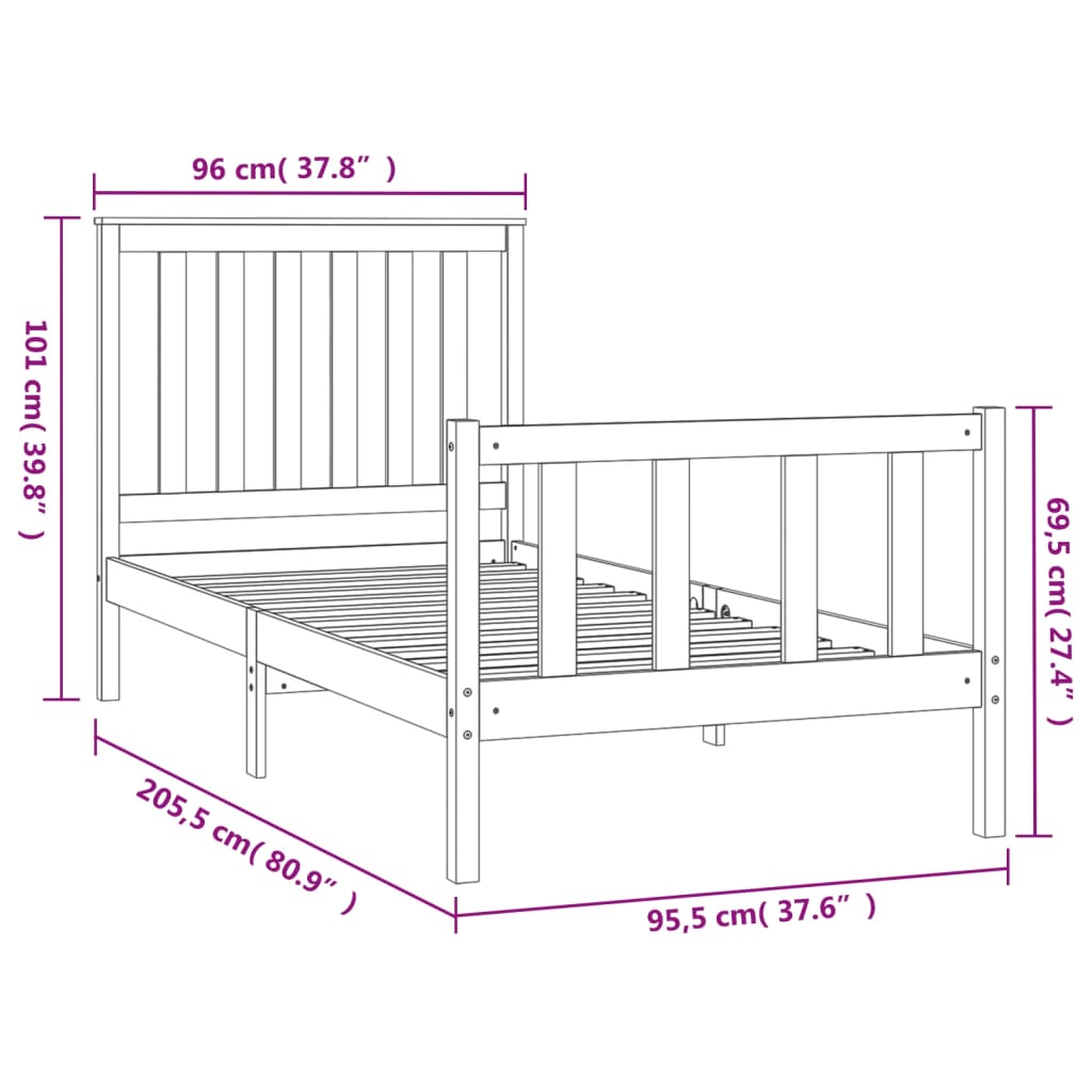 vidaXL Estrutura de cama com cabeceira 90x200 cm pinho maciço branco