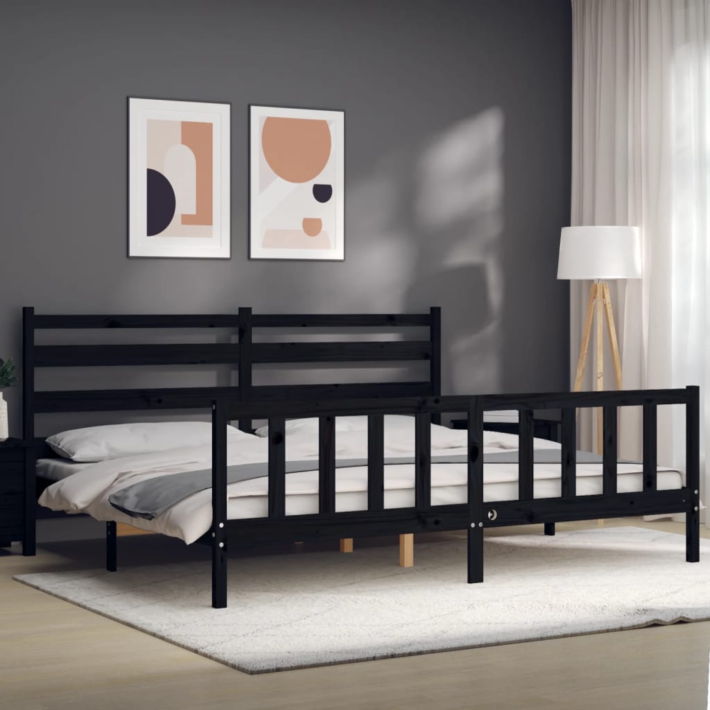 vidaXL Estrutura de cama com cabeceira 200x200 cm madeira maciça preto