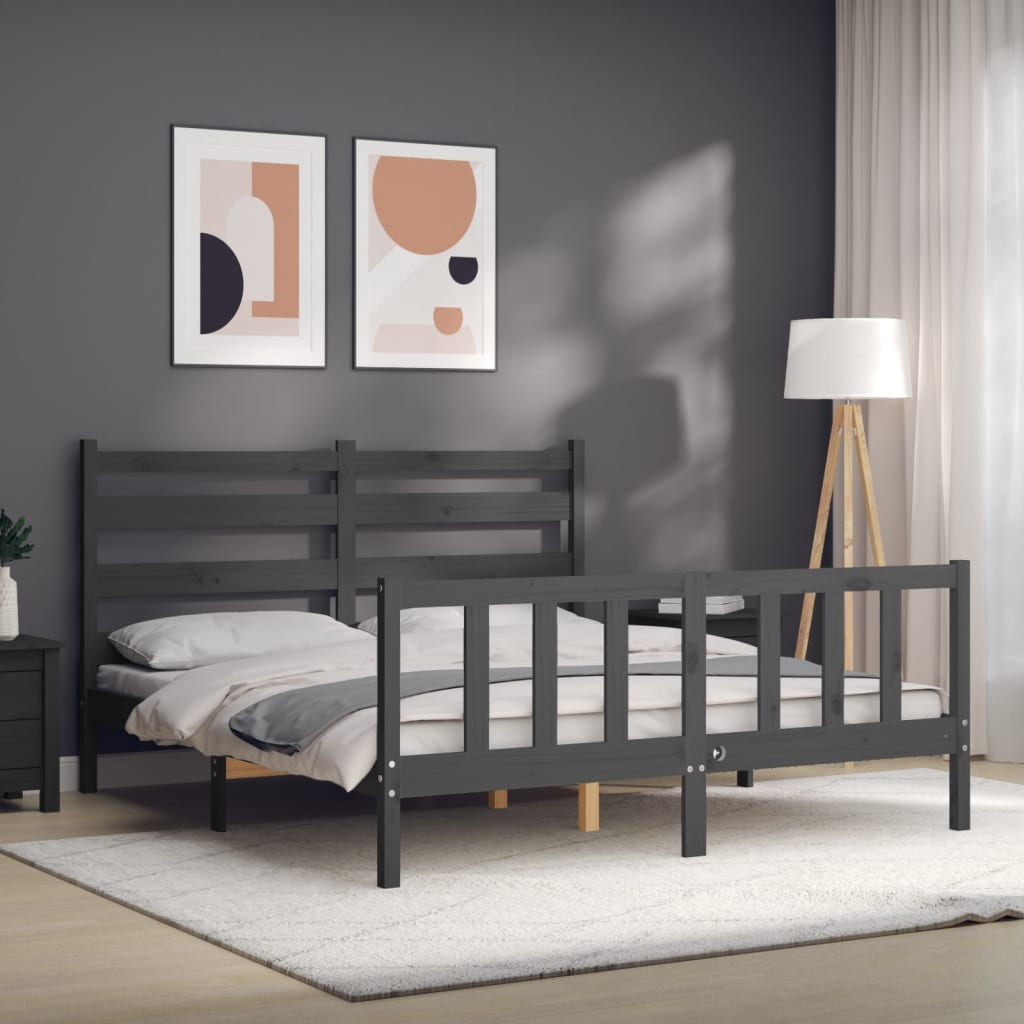 vidaXL Estrutura de cama King Size com cabeceira madeira maciça cinza