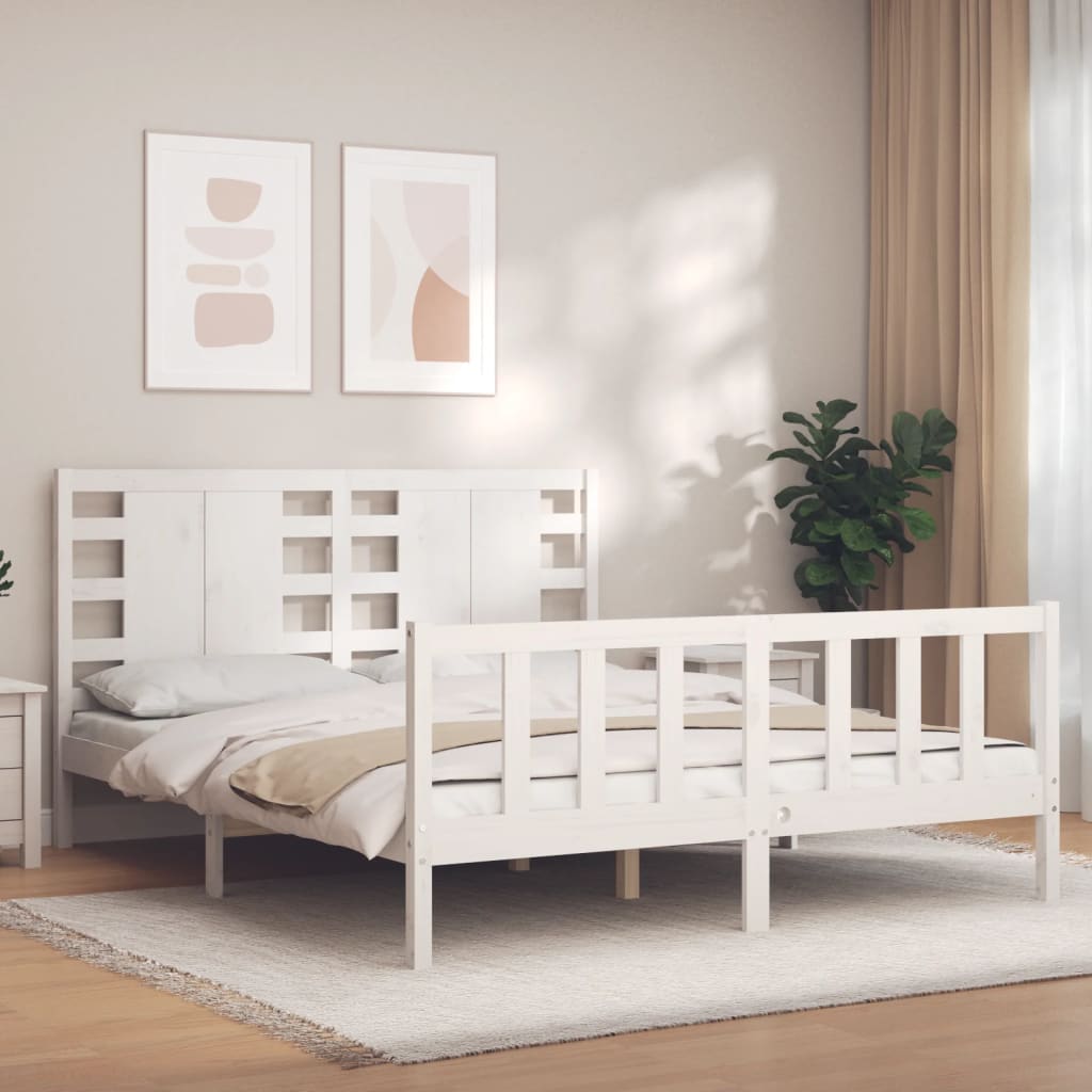 vidaXL Estrutura de cama King Size com cabeceira madeira maciça branco