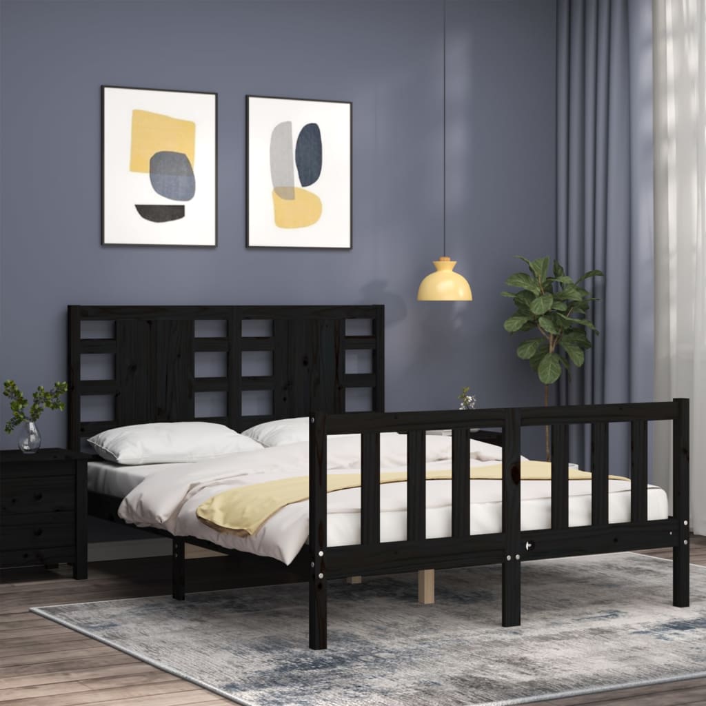 vidaXL Estrutura de cama com cabeceira 140x200 cm madeira maciça preto