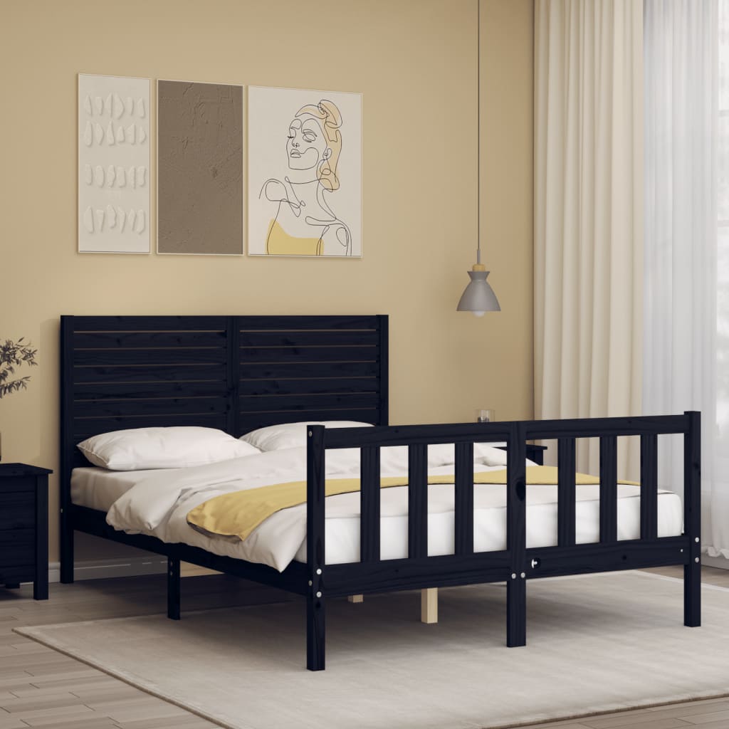 vidaXL Estrutura de cama com cabeceira 140x200 cm madeira maciça preto