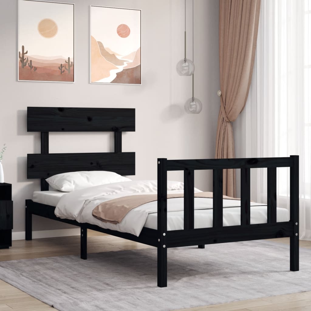 vidaXL Estrutura de cama com cabeceira 100x200 cm madeira maciça preto