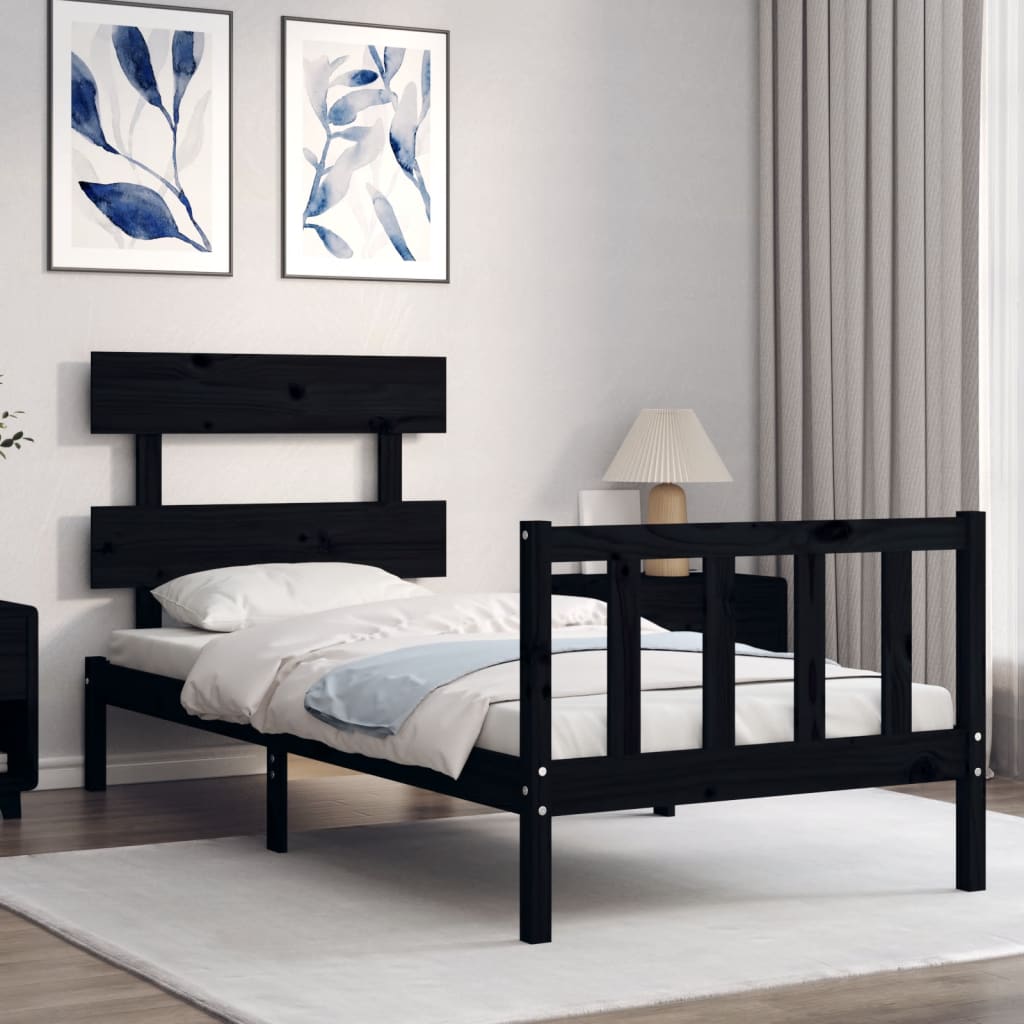 vidaXL Estrutura de cama com cabeceira 100x200 cm madeira maciça preto