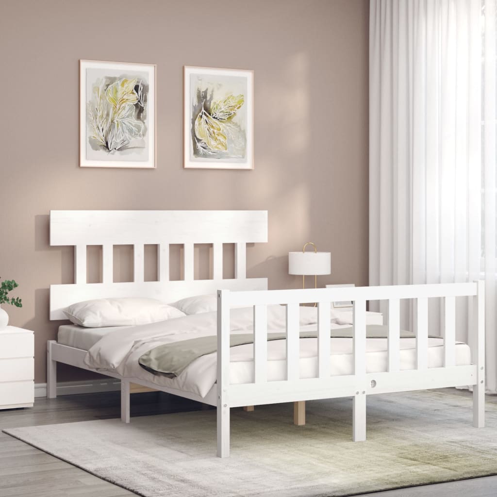 vidaXL Estrutura de cama com cabeceira 140x190cm madeira maciça branco