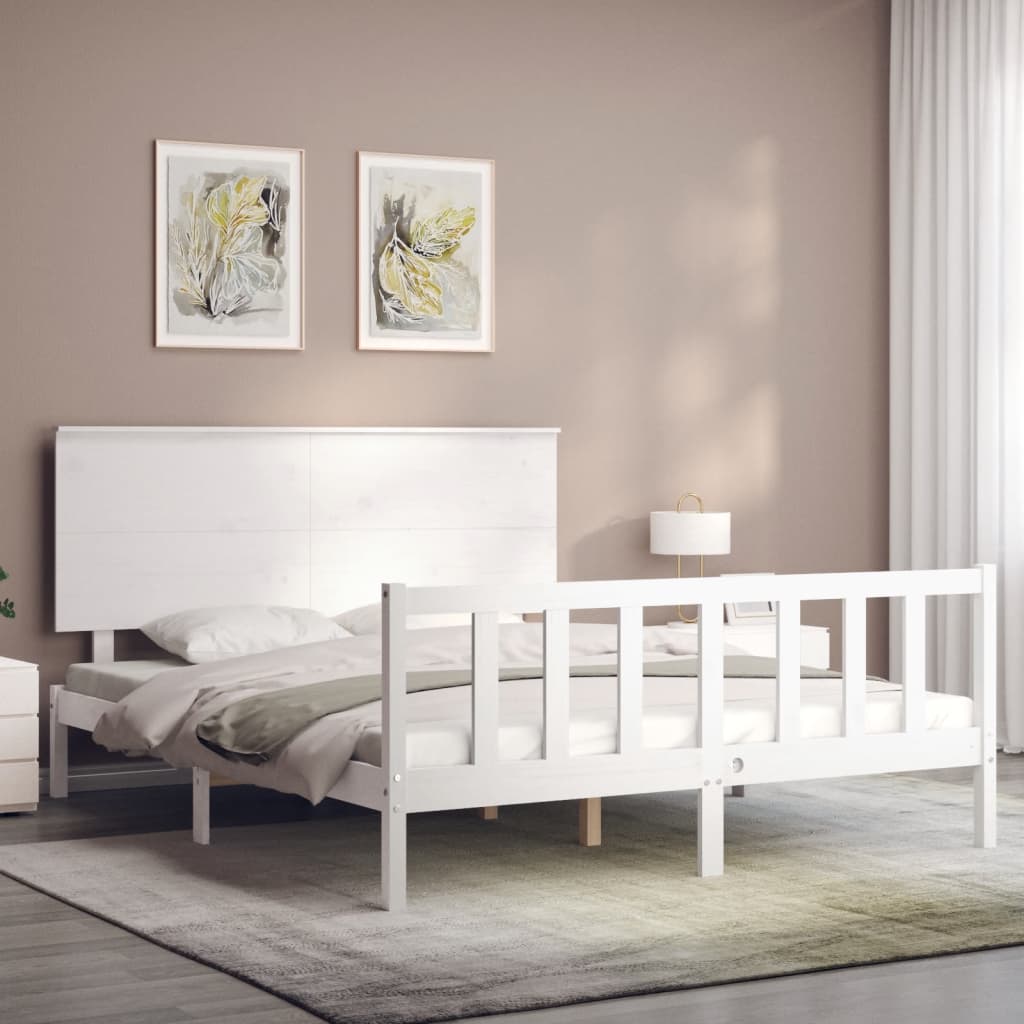 vidaXL Estrutura de cama King Size com cabeceira madeira maciça branco