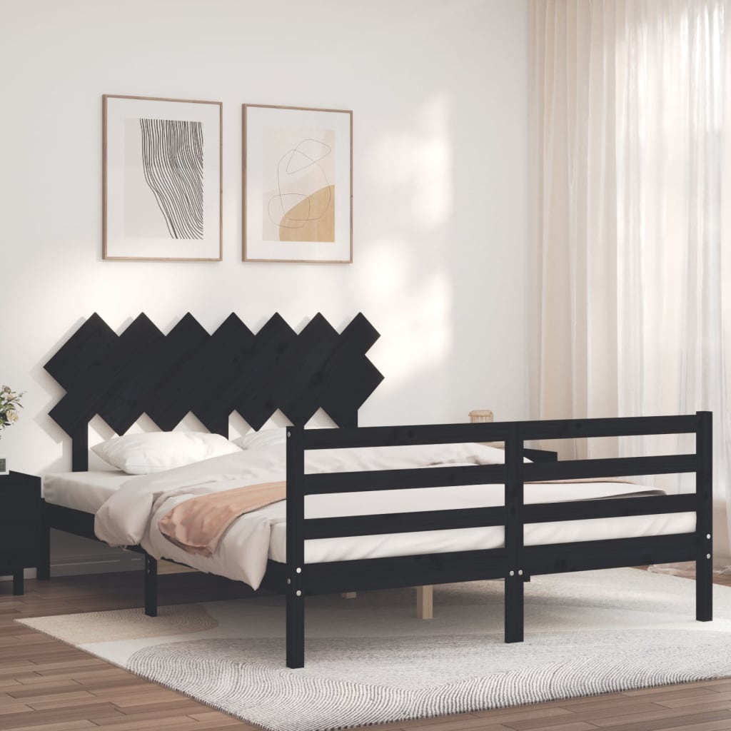 vidaXL Estrutura de cama com cabeceira 140x200 cm madeira maciça preto