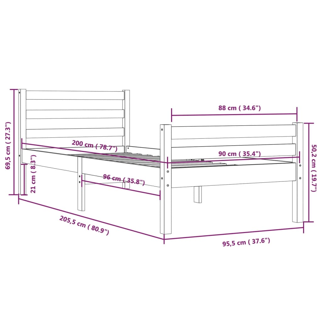 vidaXL Estrutura de cama 90x200 cm madeira maciça