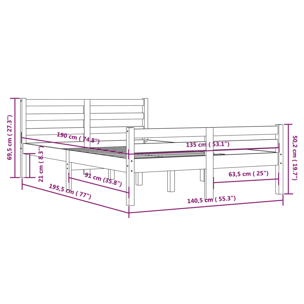 vidaXL Estrutura de cama casal 135x190 cm madeira maciça cinzento