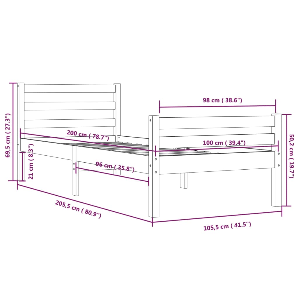 vidaXL Estrutura de cama 100x200 cm madeira maciça branco